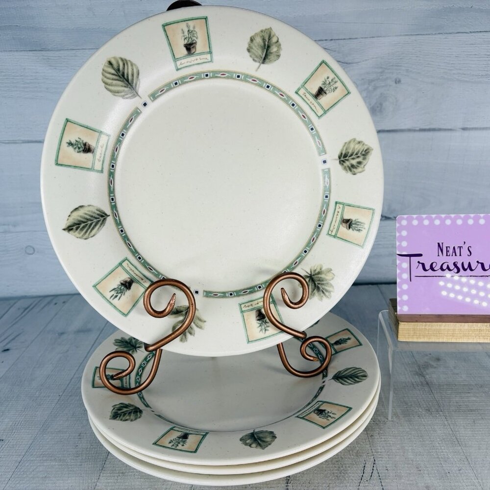 Pfaltzgraff NATUREWOOD Leaves Herbs Garden Tools Stoneware Dinner Plates Set 4